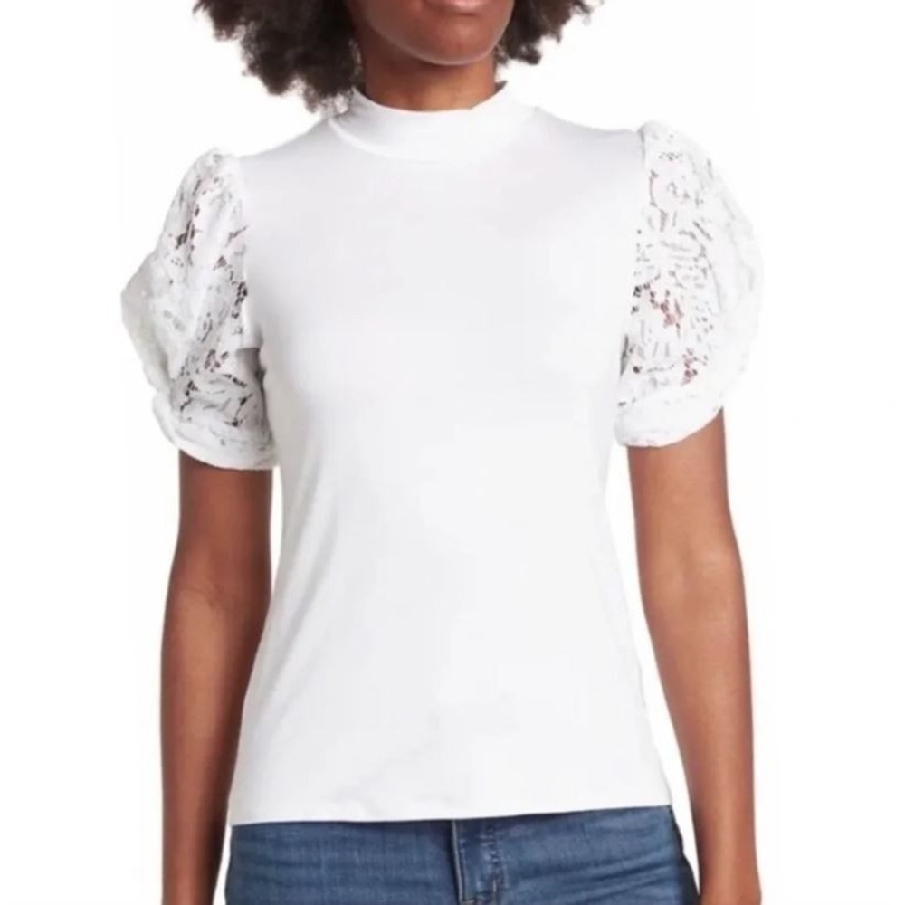 Philosophy Women's Mock Neck Mixed Media Short Lace Puff Sleeve Top in White Med